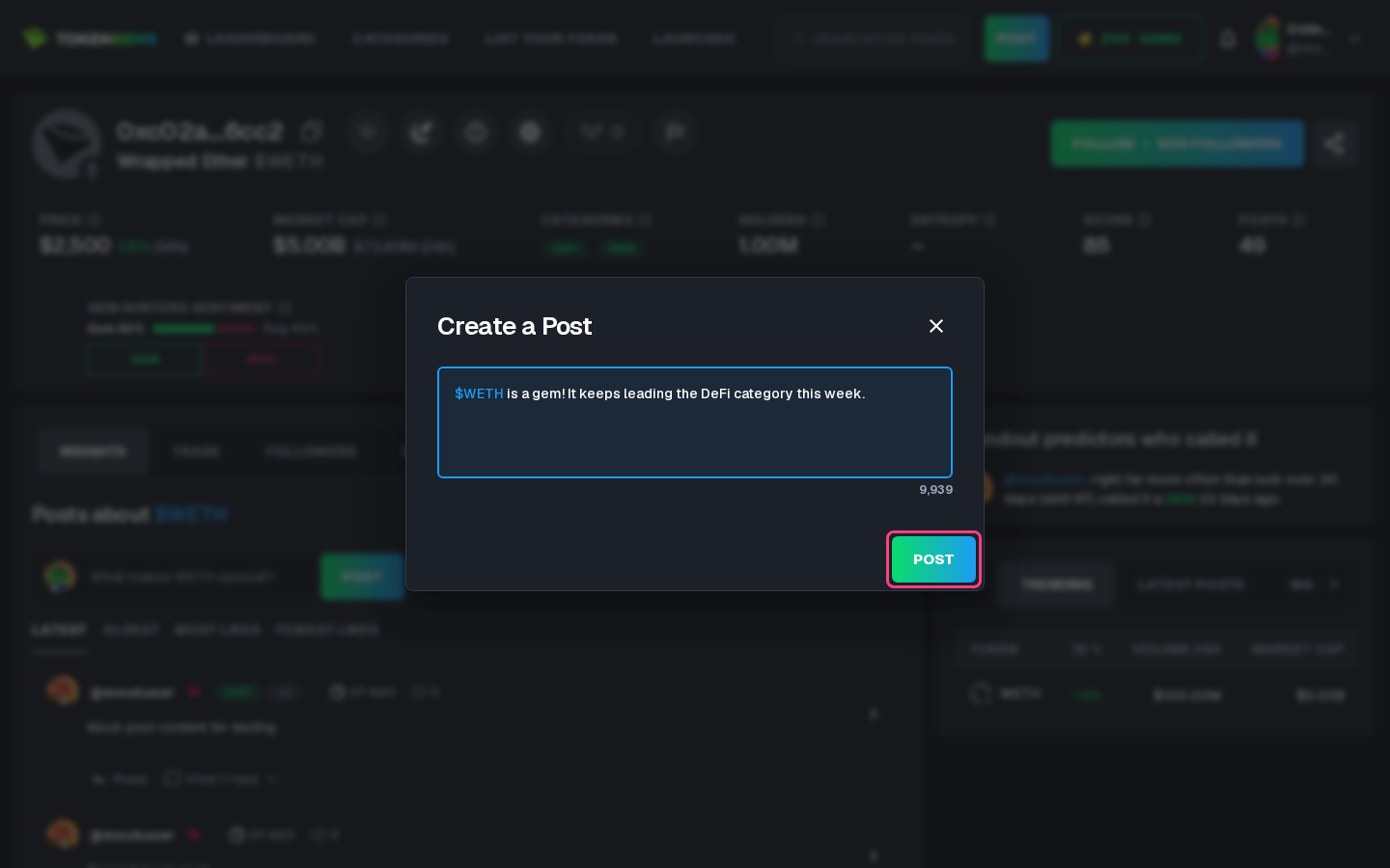 Create a Post opened from a token page, its text starting with the token mention, and its Post button highlighted