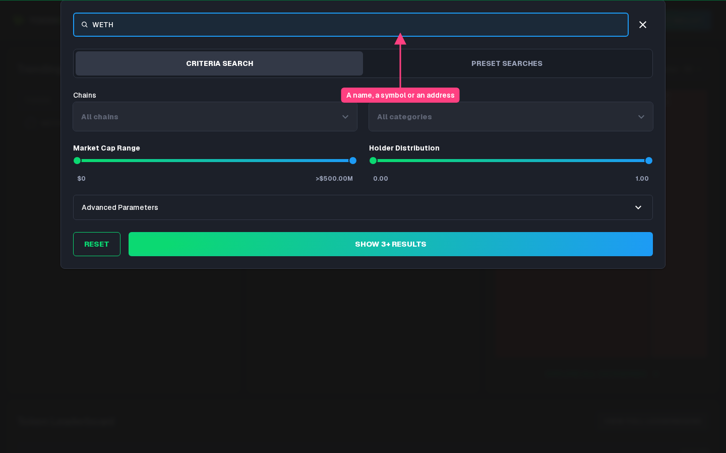 The search open with WETH typed in it, above the Criteria Search filters