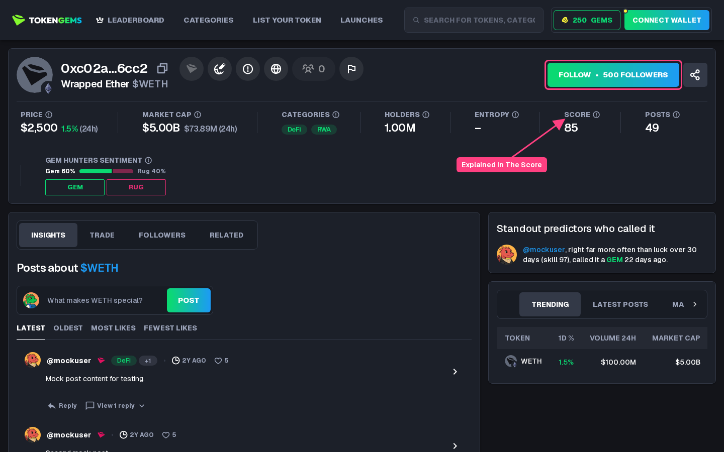 The top of a token page, its Follow button highlighted and an arrow on its Score